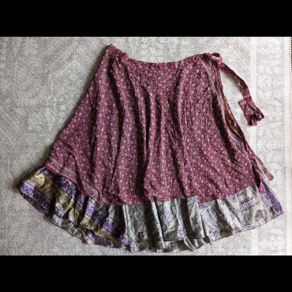 Floral Burgundy And Silver Wrap Dress Skirt 100% Silk India
